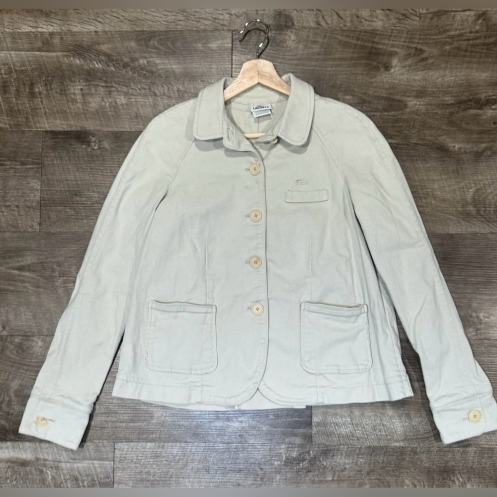 LACOSTE WOMENS BEIGE COTTON DENIM JACKET LIGHTWEIGHT SIZE MEDIUM